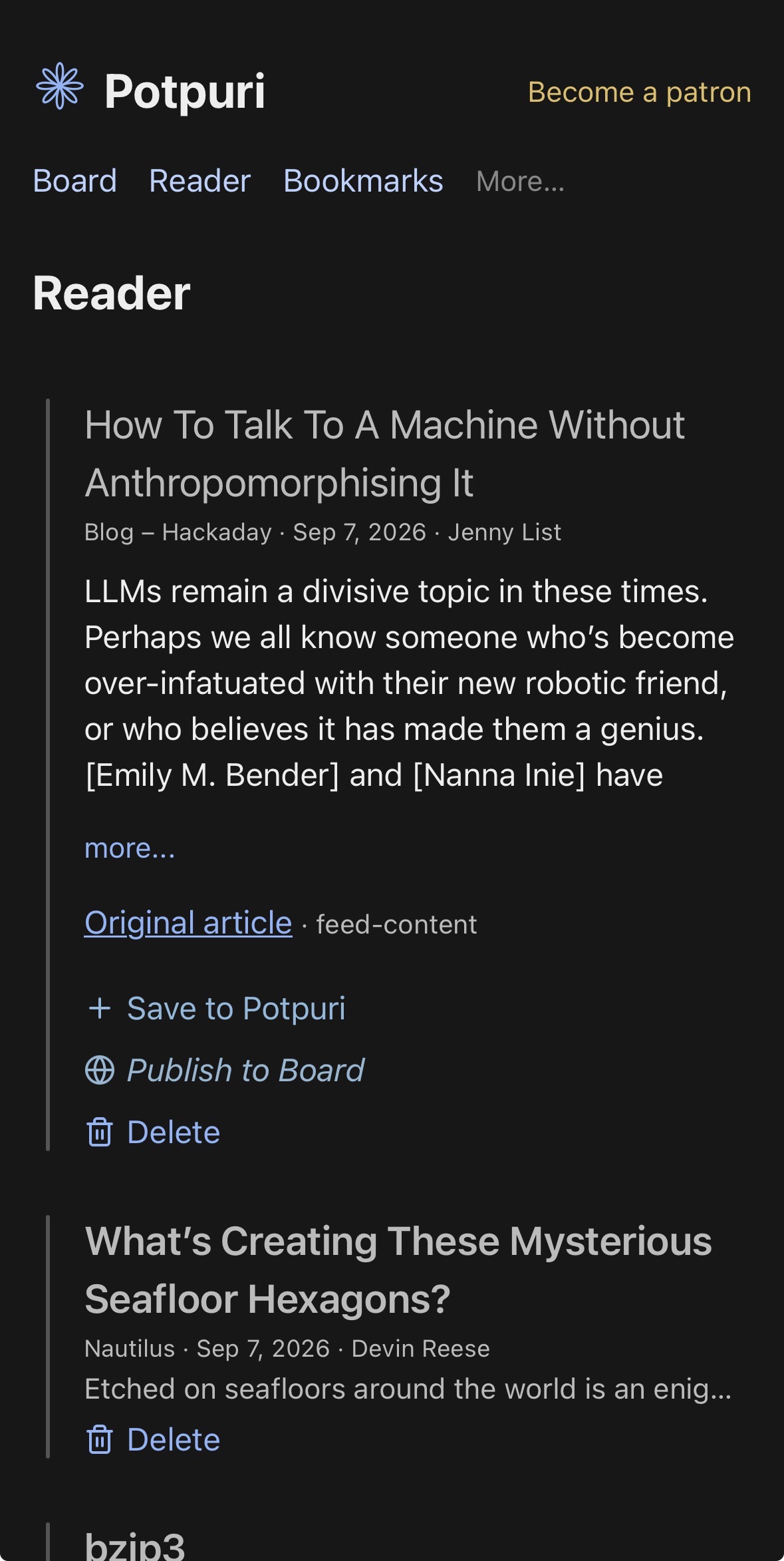 Potpuri RSS Reader showing temporary feed articles